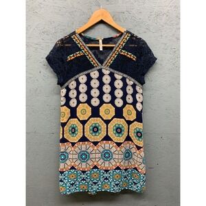 Orange Creek Women's Dress M‎ Boho Lace Yoke Navy Multicolor Tribal Print